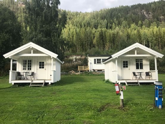 hytter som kan leies på campingplassen med skog i bakgrunnen